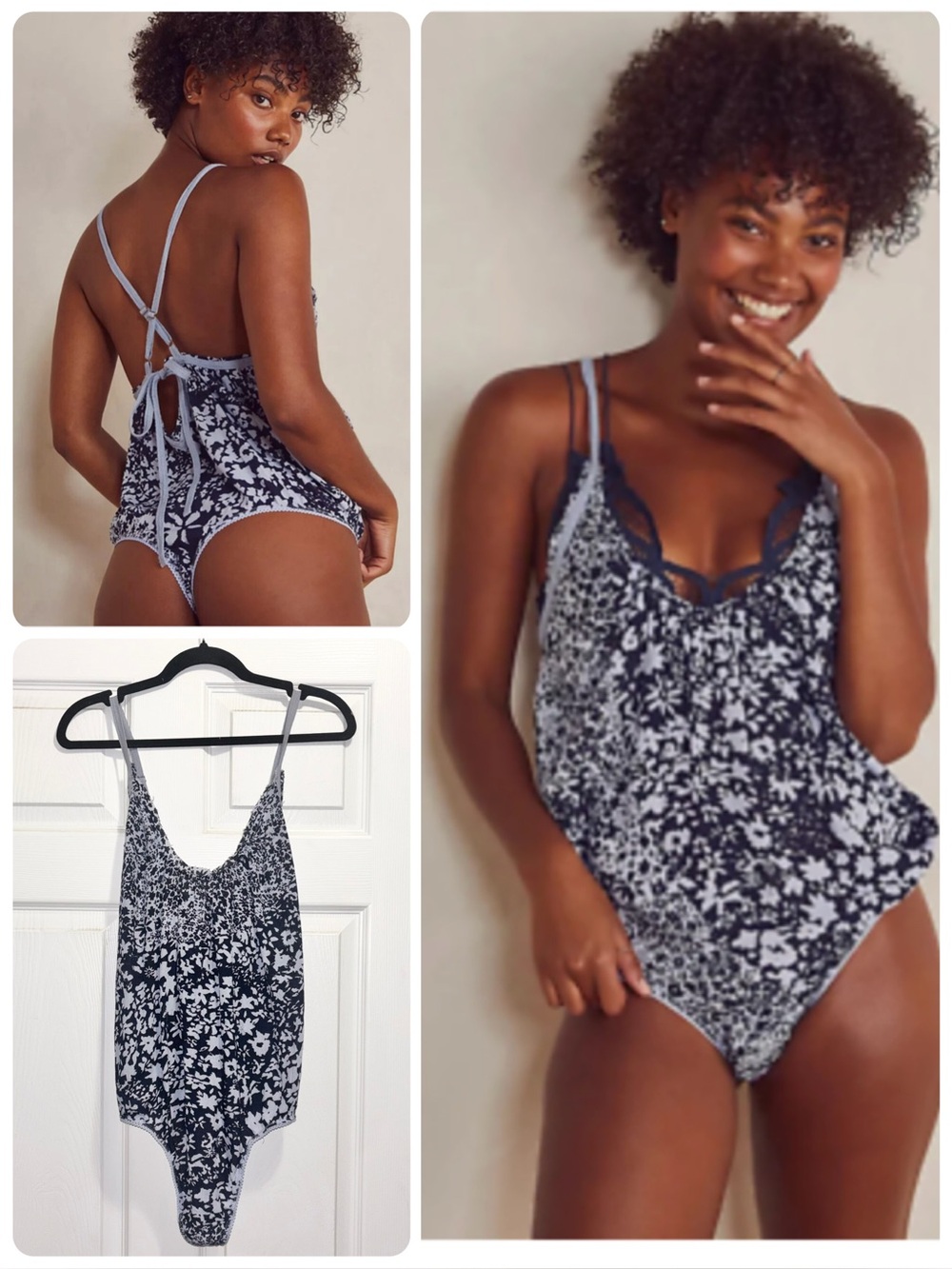 Free People Be Kind Bodysuit Blue Floral Crisscross Back Bow Tie Size Medium